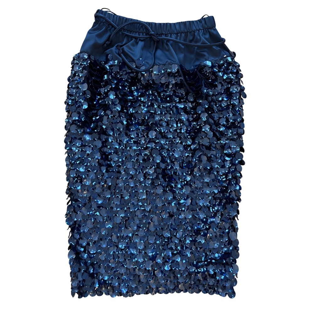 Max Mara Navy Blue Oversized Sequin Silk Lined Midi Skirt Elastic Waist Size 12